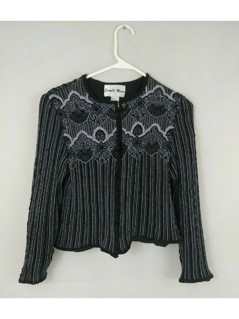 Camille Marie Women's Dressy Evening Jacket Beaded Black With Silver Trim Size M